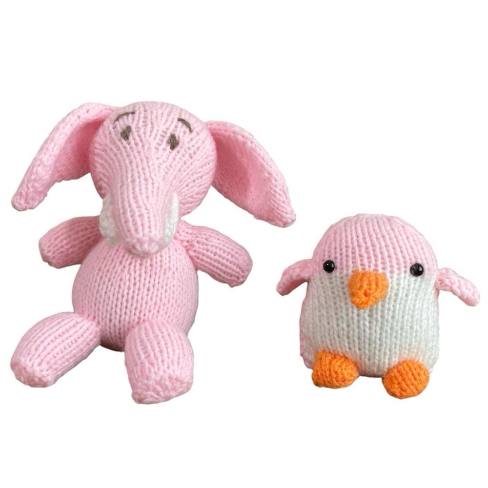Handmade Pink Elephant & Penguin Knit Stuffed Animals Baby Shower Gift Two Toys